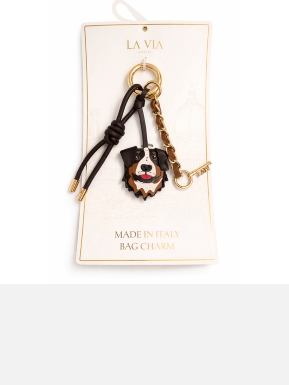 La Via Firenze Leather Dog Face Bag Charm in Brown & Gold